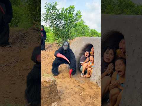 2 Ferocious Gorilla Monsters Attack 3 Beautiful Brave Girl Scaredly Hiding In Deep Hole For Help