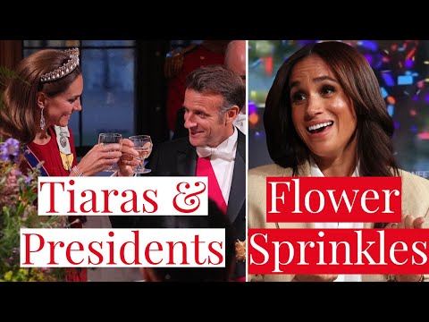 Princess Kate Stuns in Tiara at State Visit w/Emmanuel Macron, Meghan Markle Shills Flower Sprinkles