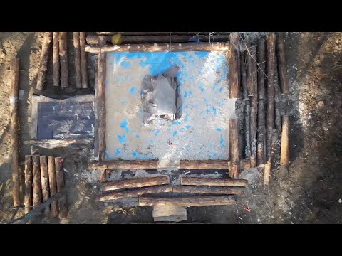 Parging the Foundation, 2nd Log Course, Building an Off Grid Log Cabin in the Wilderness Alone, Ep.4