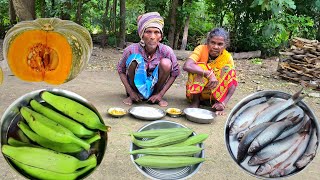80 years rural old grandma cooking BABY FISH curry and eating | cooking GREEN VEGETABLES old grandma