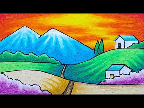 Menggambar Pemandangan | Cara Menggambar Pemandangan Gunung di Pedesaan Yang Mudah Dengan Oil Pastel