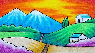 Gambar Pemandangan | Cara Menggambar Pemandangan Gunung di Pedesaan Yang Mudah Dengan Oil Pastel