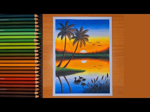 Menggambar sunset pakai pensil warna