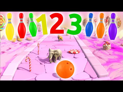 🍭🧁🎳 Candyland Bowling Ball Adventure with Kinetic Sand Animals Numbers Items! Learning for children!
