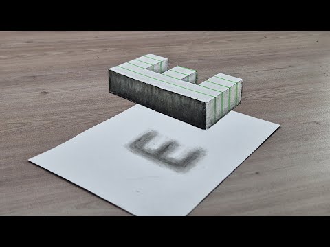 3d drawing E letter on paper for beginner