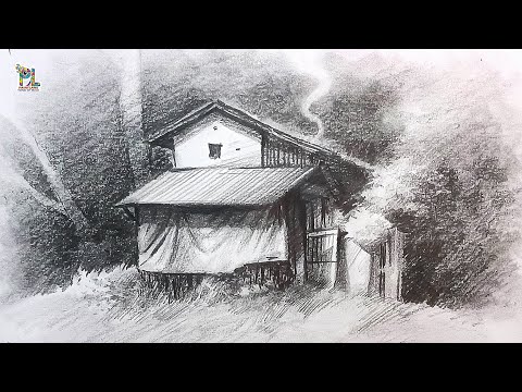 How to draw Village House in a Scenery Landscape Art