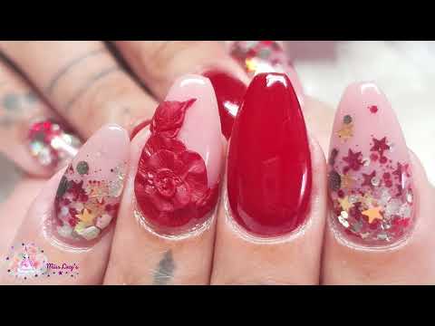 Show Time Glitter - 3D Acrylic Rose - Red and Nude Nails - Ballerina Nails