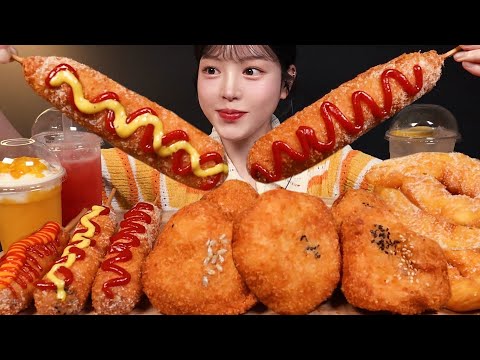 SUB)파삭쫀득 꽈배기 고로케 대왕핫도그 먹방!🌭 수박주스 레몬에이드까지 디저트 꿀조합 리얼사운드 Crispy Corn Dogs Dessert Mukbang Asmr