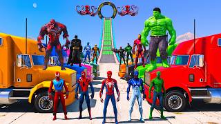 SUPERHEROES ARMY RACING TRUCKS CHALLENGE on MEGA SKY RAMP, SPIDERMAN TEAM MOTORCYCLES RACING - GTA 5