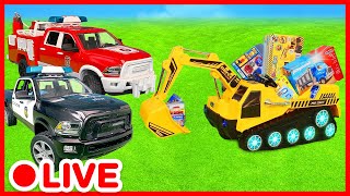 🚧🚒 Huge Toy Vehicles Compilation : Firetruck, Excavator, Tractor, Police | Toys for Kids | Kidibli