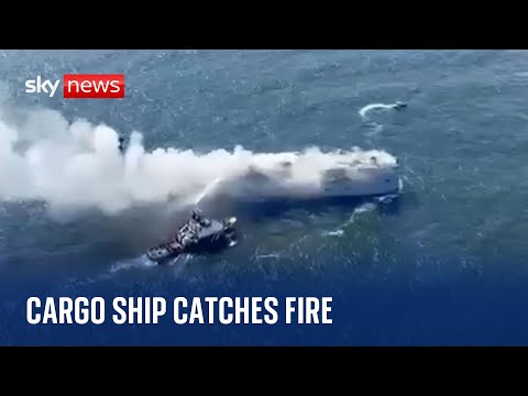 Cargo ship carrying 3,000 cars catches fire in North Sea