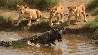 Caught Between Crocodile Jaws And Lion Claws – Will The Wildebeest Escape?