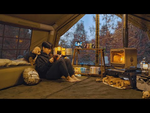 Inflatable Tent Camping with My Dog . Korean Ramen Rabokki . Wood Stove ASMR