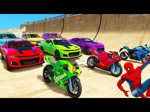 SPIDERMAN CARS COLOR Block SEA Ramp JUMP Challenge ! SUPERHERO HULK GOKU Epic new Stunt Race - GTA V