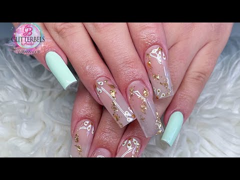 Long square spring acrylic nails using glitterbels products.
