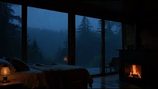 Rainy Night in Wooden Cabin with Fireplace | Cozy Rain Sounds for Sleep, Relaxation