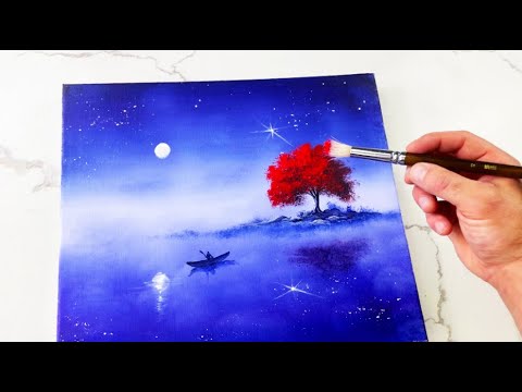 Step-by-Step Acrylic Painting Techniques for Beginners: Red Tree & Night Fog on the Lake