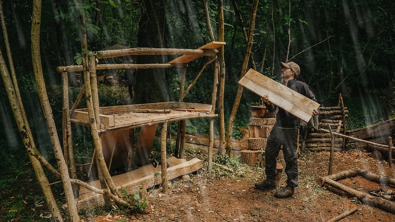 Building a Camp in a Huge Storm! Rain, Thunder, Hail: Camp Kitchen Bushcraft Survival Shelter