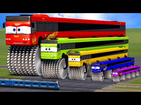 Big & Small Long Bus Lightning Mcqueen Double Monster Saw Wheels vs Trains | BeamNG.drive