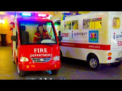 Indoor Playground with kids police car, fire truck. Family Fun play area. Nursery Rhymes Baby Songs
