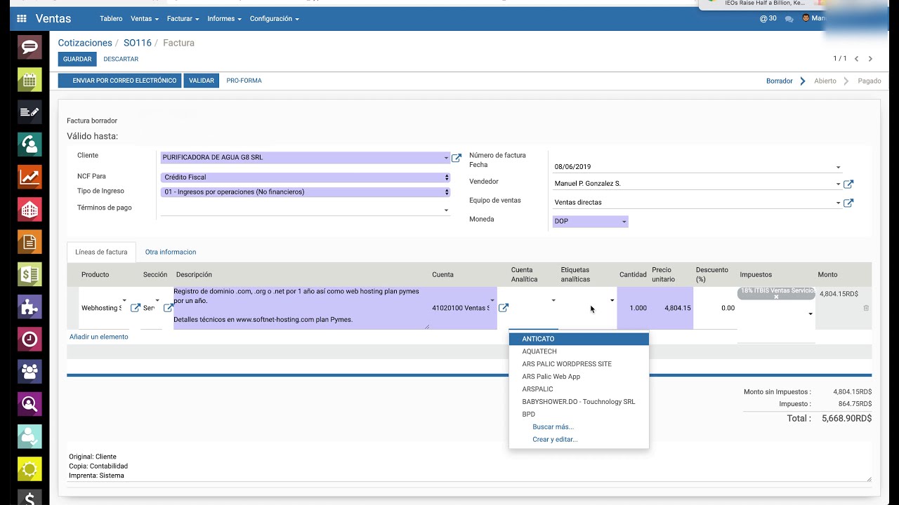 ODOO ERP   CONVERT QUOTATION INTO AN INVOICE | 12.06.2019

The Enterprise Resource Planning (ERP) named ODOO in action! converting a quotation (CRM) into an invoice.