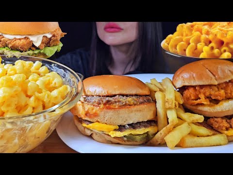 BURGERS + MAC AND CHEESE PASTA | FAST FOOD | ASMR MUKBANG