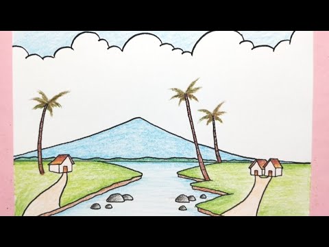 Cara menggambar pemandangan gunung - Menggambar pemandangan rumah - Scenery drawing for beginners