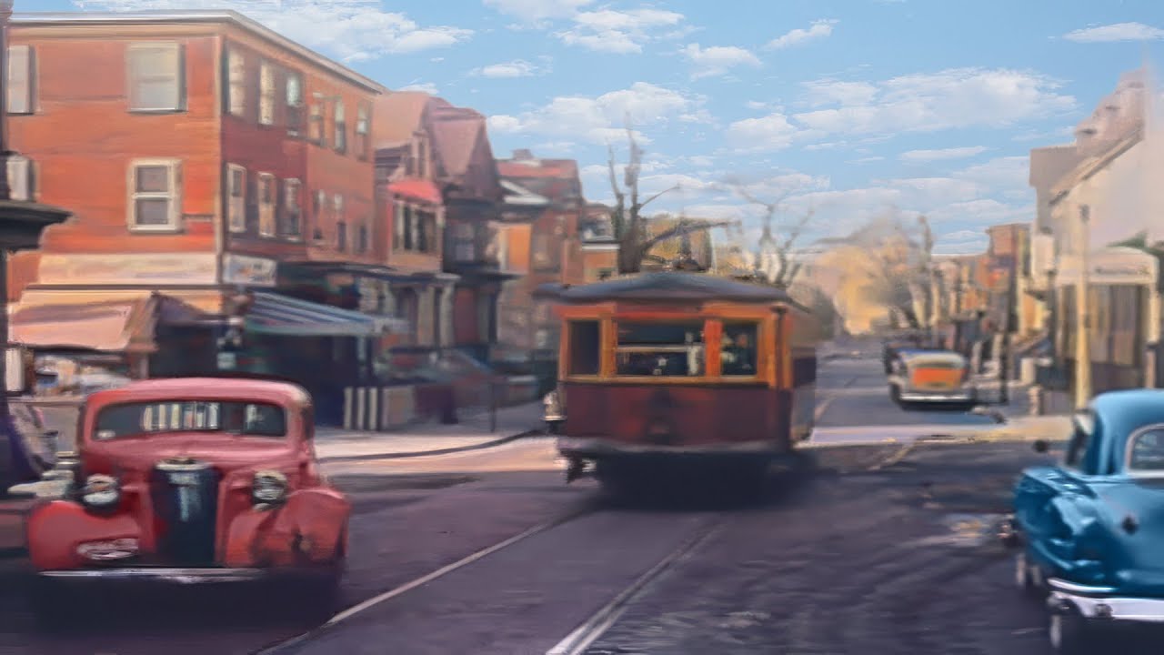 Boston 1940s in color, Streetcars [60fps,Remastered] w/sound design added