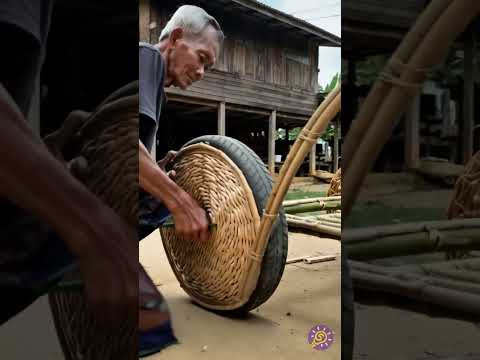 Un coche a tamaño real construido con varillas de bambú y hojas de plátano 🚘🌿