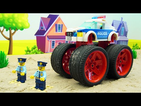 Police Bulldozer vs Kinetic Sand Steamroller Dinosaur Bus