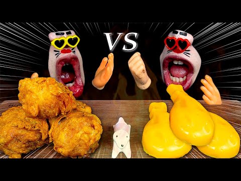 ASMR MUKBANG :) Real Chicken VS Jelly Chicken. RealMouth twins eating show!