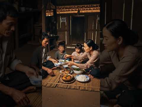 Cả nhà ngồi ăn cơm trên chiếc chiếu tre cũ cuộc sống làng quê Việt Nam