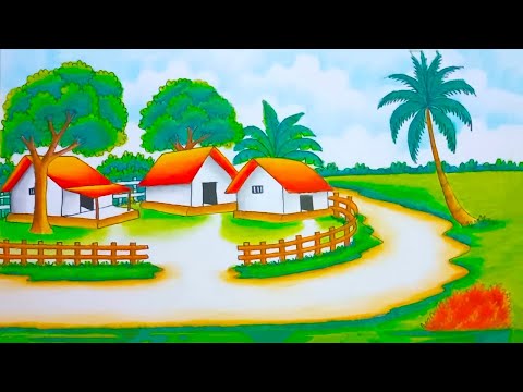 How to draw easy scenery drawing with oil pastel | village scenery drawing |  scenery for beginners