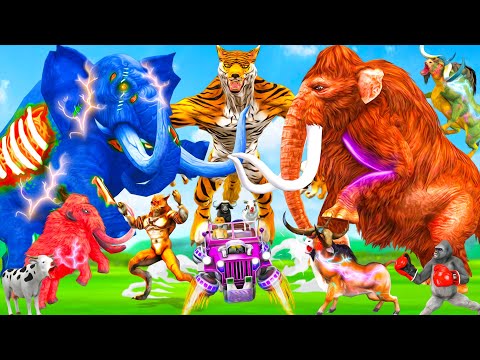 5 Giant Mammoth Elephant Cow Vs 5 Giant Tiger Wolf Vs Dinosaur Attack Tiger Cub Saved Woolly Mammoth