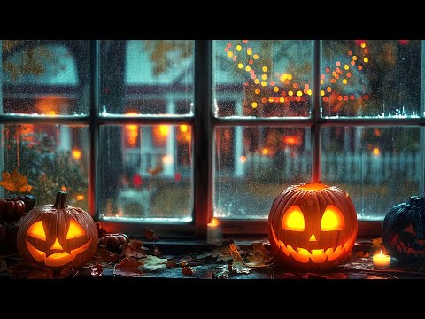 Halloween Night on Window at Coffee Shop Ambience with Halloween Music