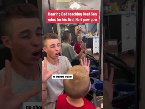 Deaf son learning Nerf pew pew safety from dad #toddler #nerf #asl #signlanguage #deaf #parenting
