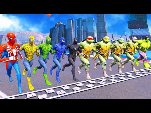 SPIDERMAN TEAM vs TMNT TEAM RUNNING CHALLENGE W Superheroes Motorbikes RACING CHALLENGE - GTA 5