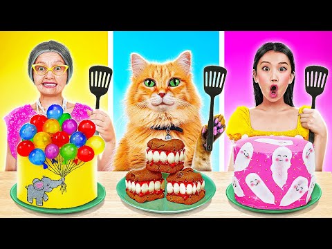 NOVO 123 GO! Desafio de Decoração de Bolos Eu x Vovó x Gato! Recibos incríveis de Halloween!