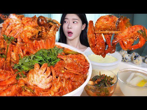 ASMR MUKBANG | 매운해물찜 🔥 아귀, 쭈꾸미, 낙지, 새우, 꽃게, 알곤이, 오만둥이... ☆ 주먹밥 계란찜 먹방! Spicy Braised Seafood 🦐