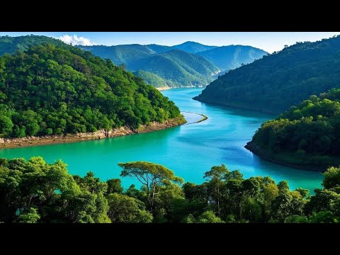 Breathtaking Turquoise River Surrounded by Lush Green Hills