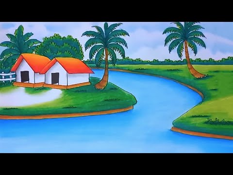 How to Draw a Beautiful Village Scenery | River Village Drawing with Oil Pastel (Step by Step)