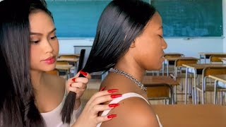 ASMR (Real Person) Popular Girl Plays W/ Your Hair + Scalp & Back Scratch + Makeup in Class Roleplay