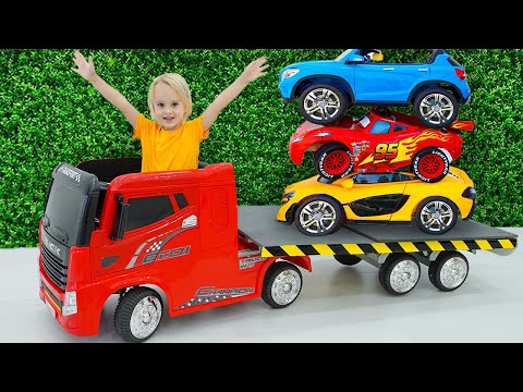 Chris plays with toy cars and trucks - Funny stories for kids