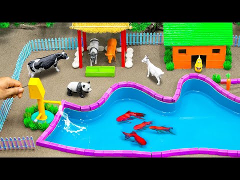 Fun Country Farm and Cattle Horses Chicken Animal Figurines | mini Wooden bridge | water pump