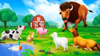 Lost Bison Finds the Way Home with Jungle Friends! Horse Pig Cow Monkey