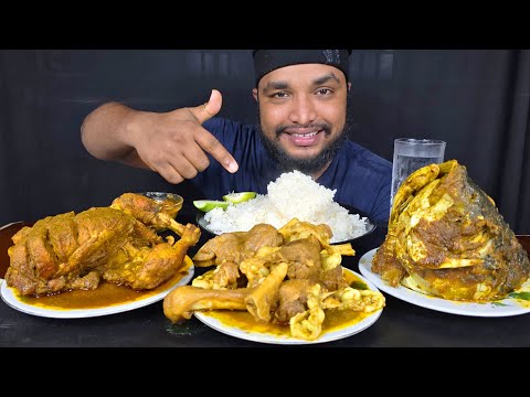 SPICY OILYMUTTON CURRY, FULL FISH HEAD CURRY AND WHOLE CHICKEN WITH RICE EATING VIDEO, FOOD EATING