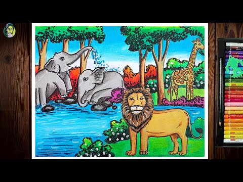 Forest Scenery Drawing Easy | Wildlife Drawing | How To Draw A Forest Scenery | World Wildlife Day