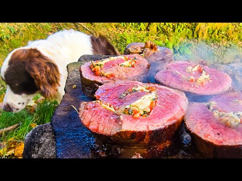 Stuffed BEEF TENDERLOIN + Baked Potatoes Cooked on HOT STONES | ASMR  Relaxing Cooking