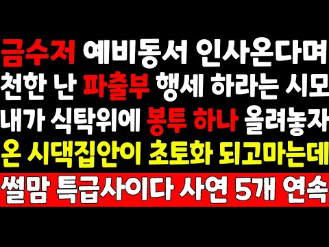 실화사연-금수저 예비동서 인사온다며 천한 난 파출부 행세 하라는 시모. 내가 식탁위에 봉투하나 올려놓자 온 시댁집안이 초토화 되고마는데_썰맘 특급사이다사연 5개연속/노후인생/오디오