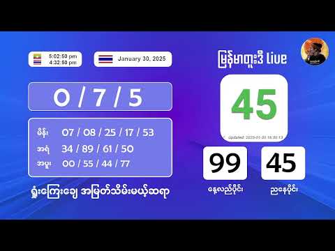 1/30/2025 ညနေပိုင်း တိုက်ရိုက်ထုတ်လွှင့်မှု‌ #2nd #2dlive #ahkyan  #live #2dmyanmar #lotterylive